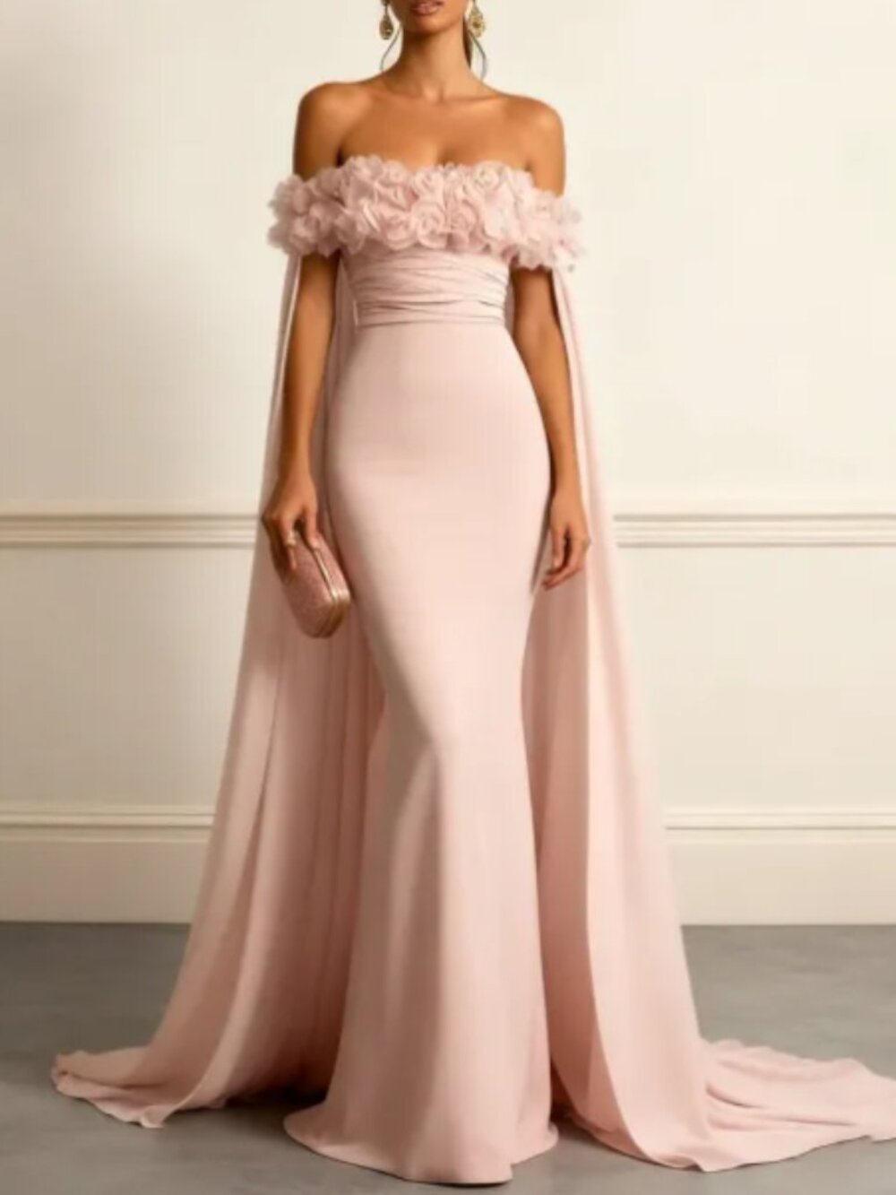 Pink 3D Floral Ruched Classic Off The Shoulder Short Sleeve Mermaid Gown